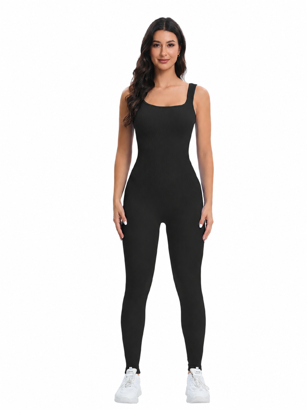 Geribde shapewear-jumpsuit met vierkante hals en ingebouwde bh | Pinky Posh Boutique