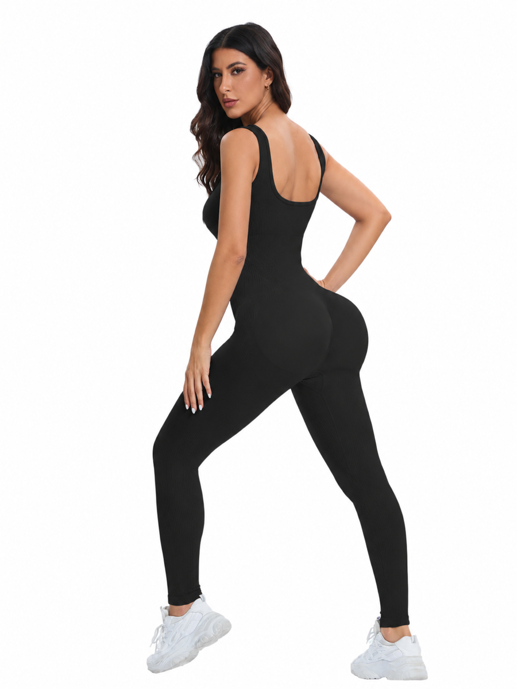Geribde shapewear-jumpsuit met vierkante hals en ingebouwde bh | Pinky Posh Boutique