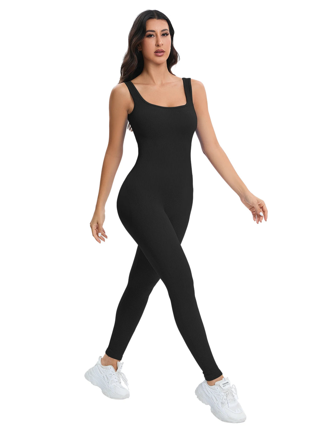 Geribde shapewear-jumpsuit met vierkante hals en ingebouwde bh | Pinky Posh Boutique