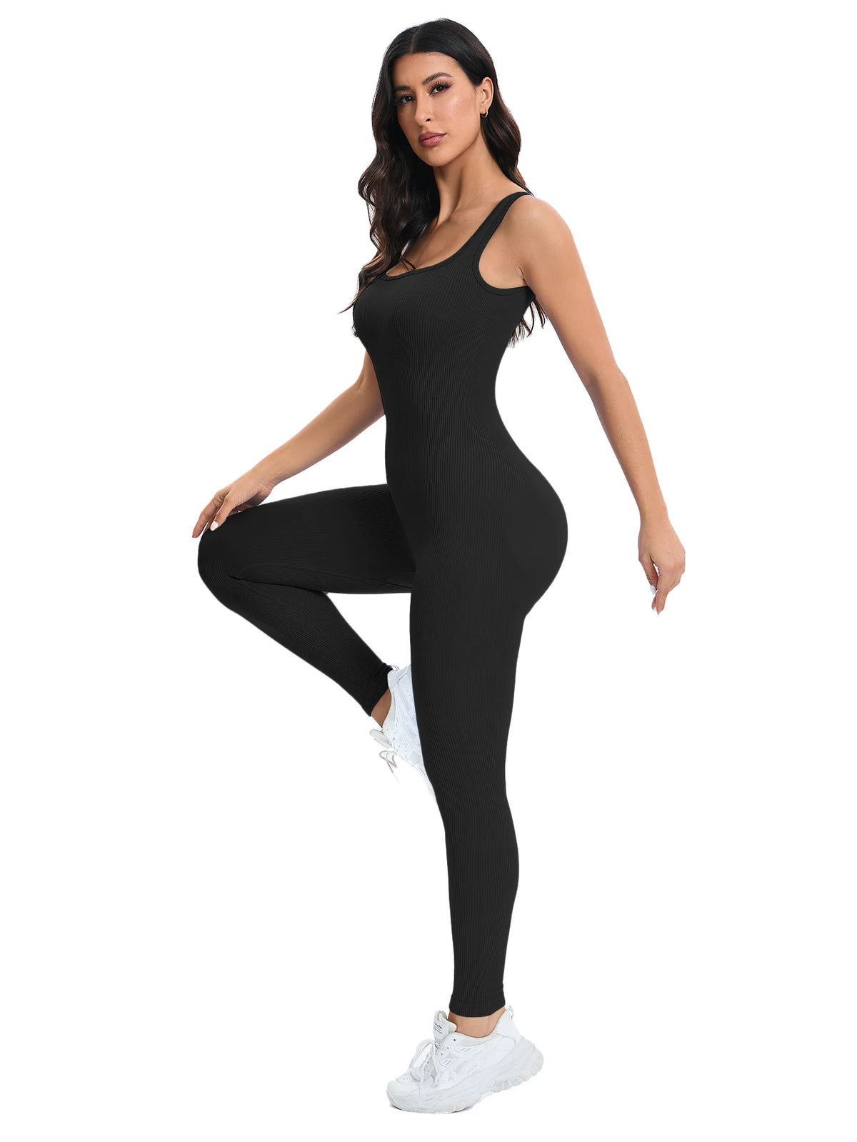 Geribde shapewear-jumpsuit met vierkante hals en ingebouwde bh | Pinky Posh Boutique